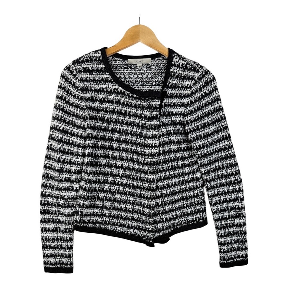 Ann Taylor LOFT Textured Asymmetrical Zip Cardigan size Small Black/White